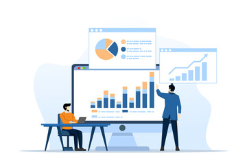 analytics and monitoring concept, business team on web reporting dashboard monitoring, and data analytics research for business financial planning. flat vector illustration design on white background. - obrazy, fototapety, plakaty