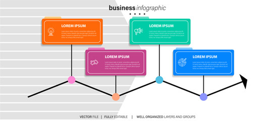 Thin line process business infographic with square template. Vector illustration. Process timeline with 4 options, steps or sections.
