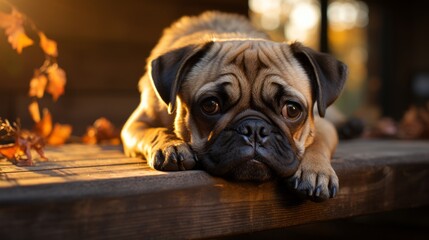 An adorable pug laying on a wooden floor, with a tired, sad face. Generative AI. 