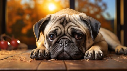 An adorable pug laying on a wooden floor, with a tired, sad face. Generative AI. 
