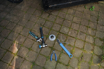 Set of tools lies in the backyard