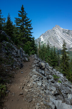 Hiking trail through mountainous landscape, Cascade Range, WA