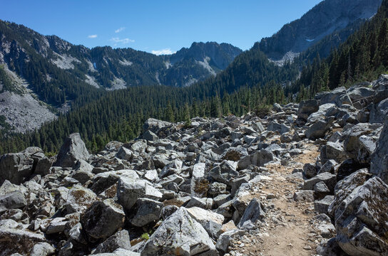 Hiking trail through mountainous landscape, Cascade Range, WA
