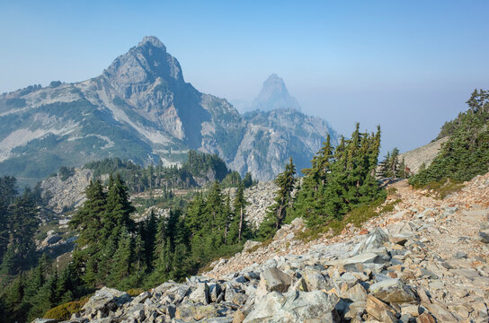 Hiking trail through mountainous landscape, Cascade Range, WA