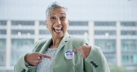 Woman, smile and voter pin for election, pointing and excited face for freedom, choice and promotion. Senior politician, badge and happy for opinion, party and decision for future, law and country
