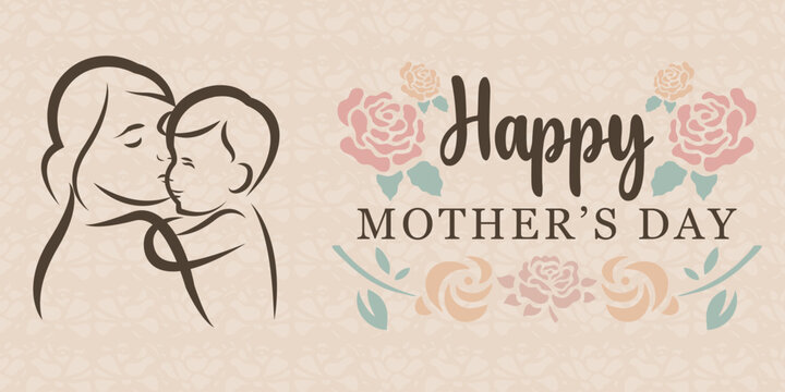 happy mother day poster design  with mother and baby vector file