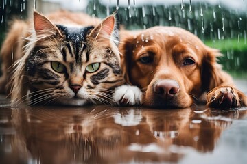 Dog and cat lying in the rain