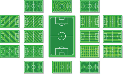 Set of football fields with different stripes patterns, motifs and grass ornaments. Assorted basic grass lines, plain, checkered, diagonal, diamond, zigzag, oval. Vector and illustration types. © skvector