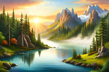 Majestic magical fantasy landscape stretches as far as the eye can see, with majestic mountains reaching toward the heavens - AI Generative