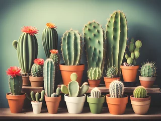Fototapete Kaktus im Topf cactus with different types of succulents on green background