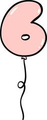 Cute pink birthday balloon number 6 doodle hand drawing outline