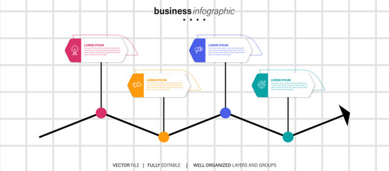 Timeline infographic with infochart. Modern presentation template with 4 steps for business process. Website template on white background for concept modern design. Horizontal layout.
