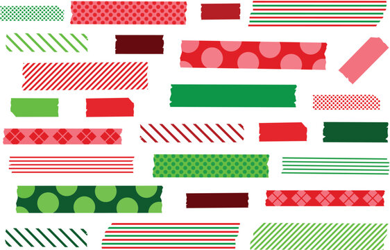 Christmas red and green washi tape strips. Semitransparent masking tape, adhesive, stickers for holiday decorations, cards, crafts, scrapbooking, and more.