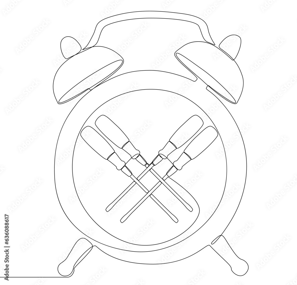 Aufkleber one continuous line of alarm clock with screwdriver. thin line illustration vector concept. contour 
