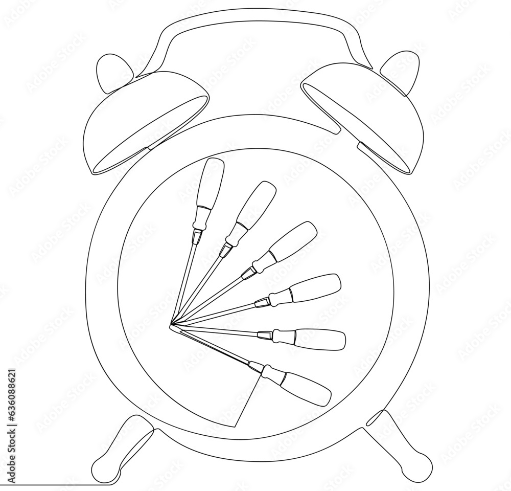 Aufkleber one continuous line of alarm clock with screwdriver. thin line illustration vector concept. contour 