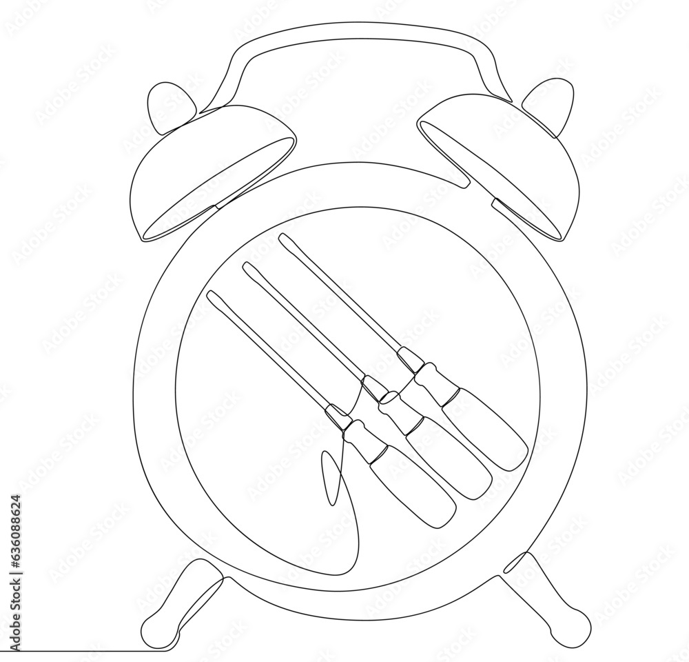 Poster one continuous line of alarm clock with screwdriver. thin line illustration vector concept. contour 