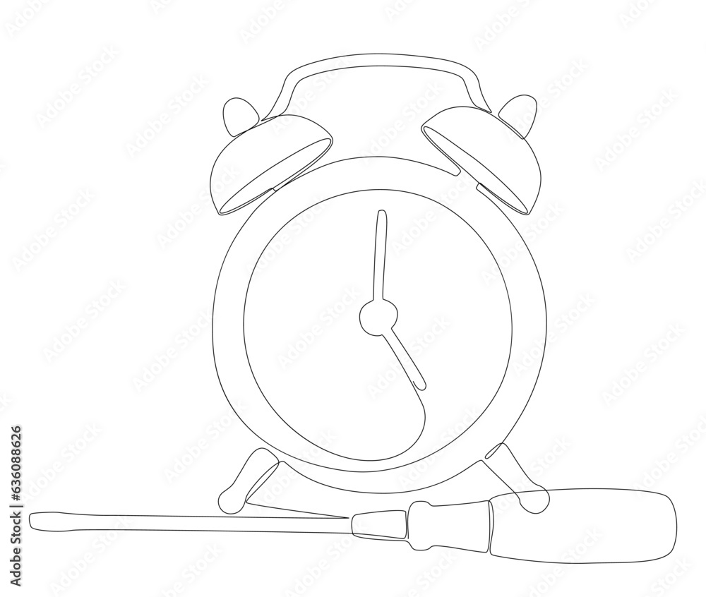 Aufkleber one continuous line of alarm clock with screwdriver. thin line illustration vector concept. contour 