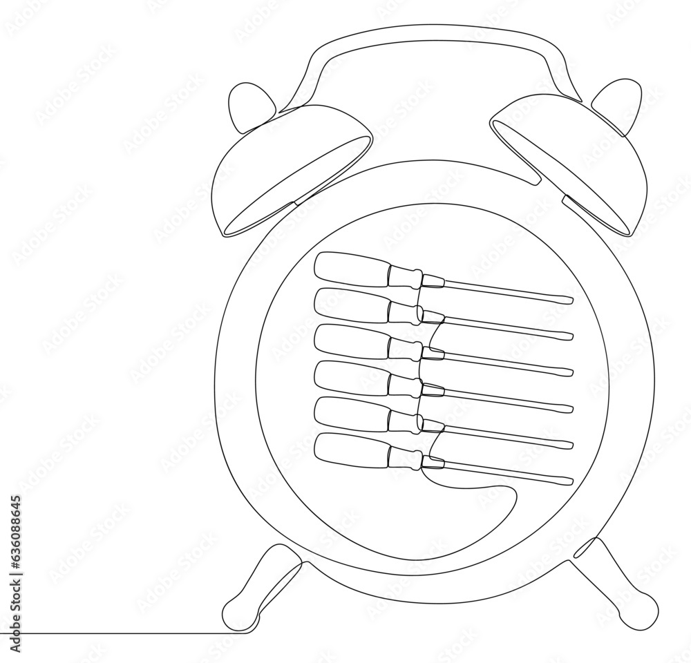 Poster one continuous line of alarm clock with screwdriver. thin line illustration vector concept. contour 