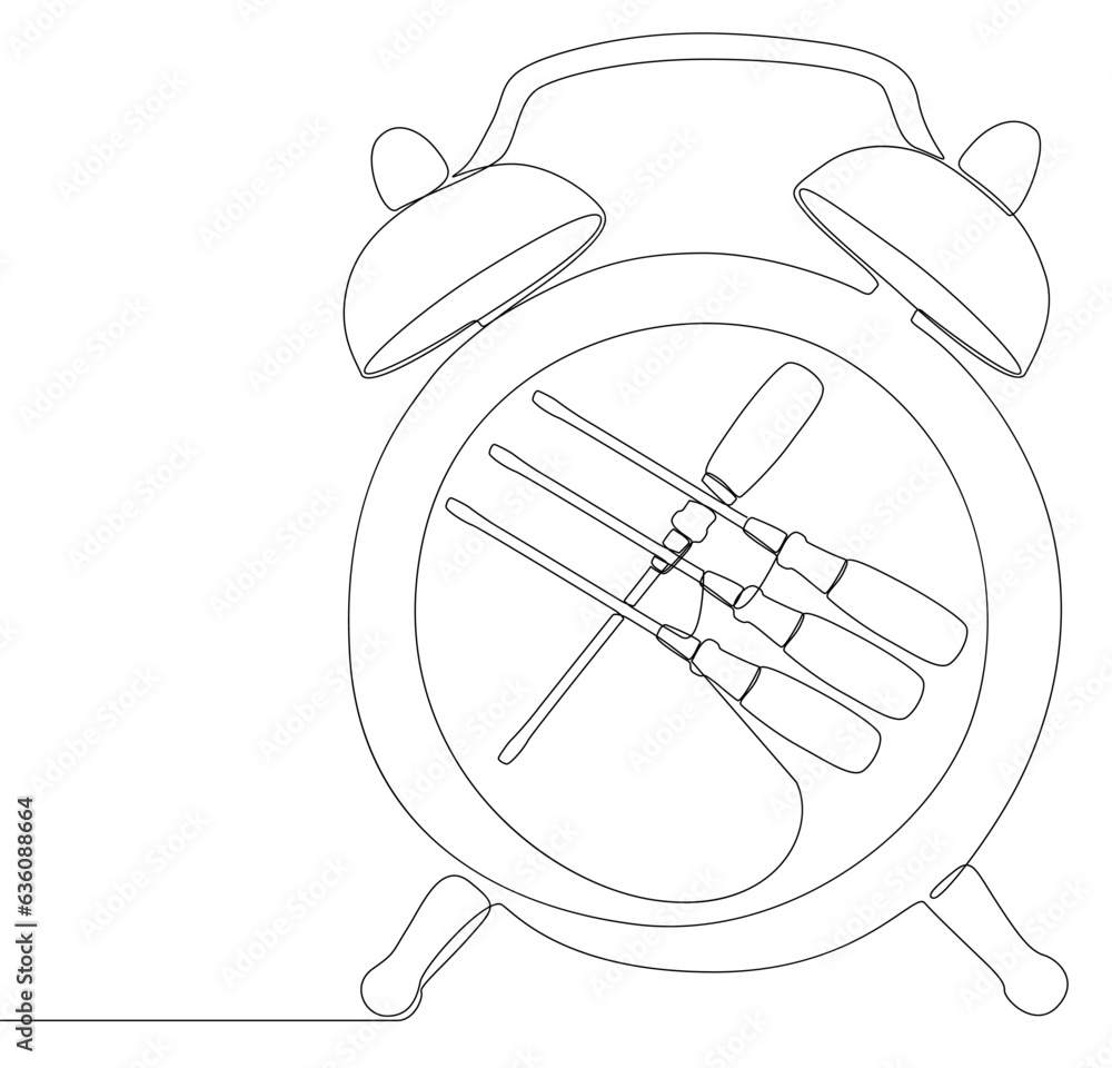 Aufkleber one continuous line of alarm clock with screwdriver. thin line illustration vector concept. contour 