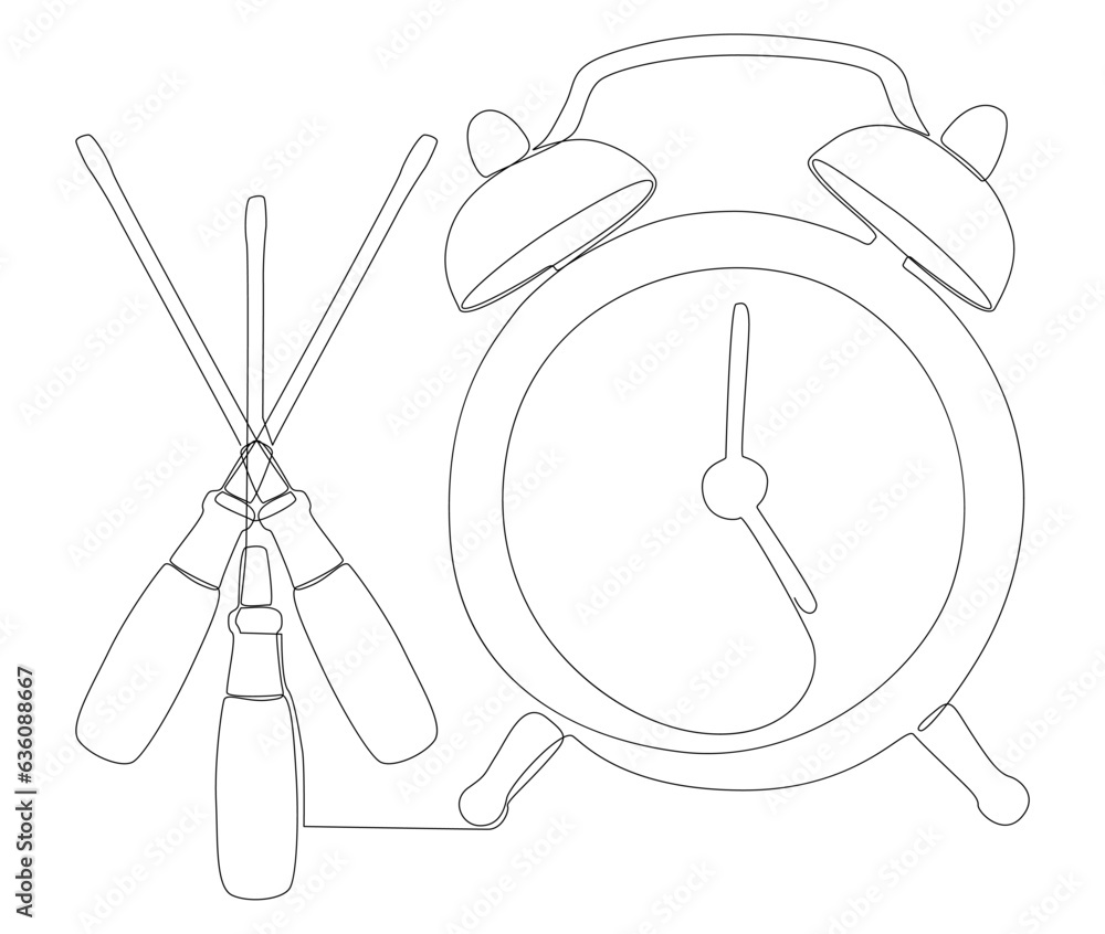 Poster one continuous line of alarm clock with screwdriver. thin line illustration vector concept. contour 