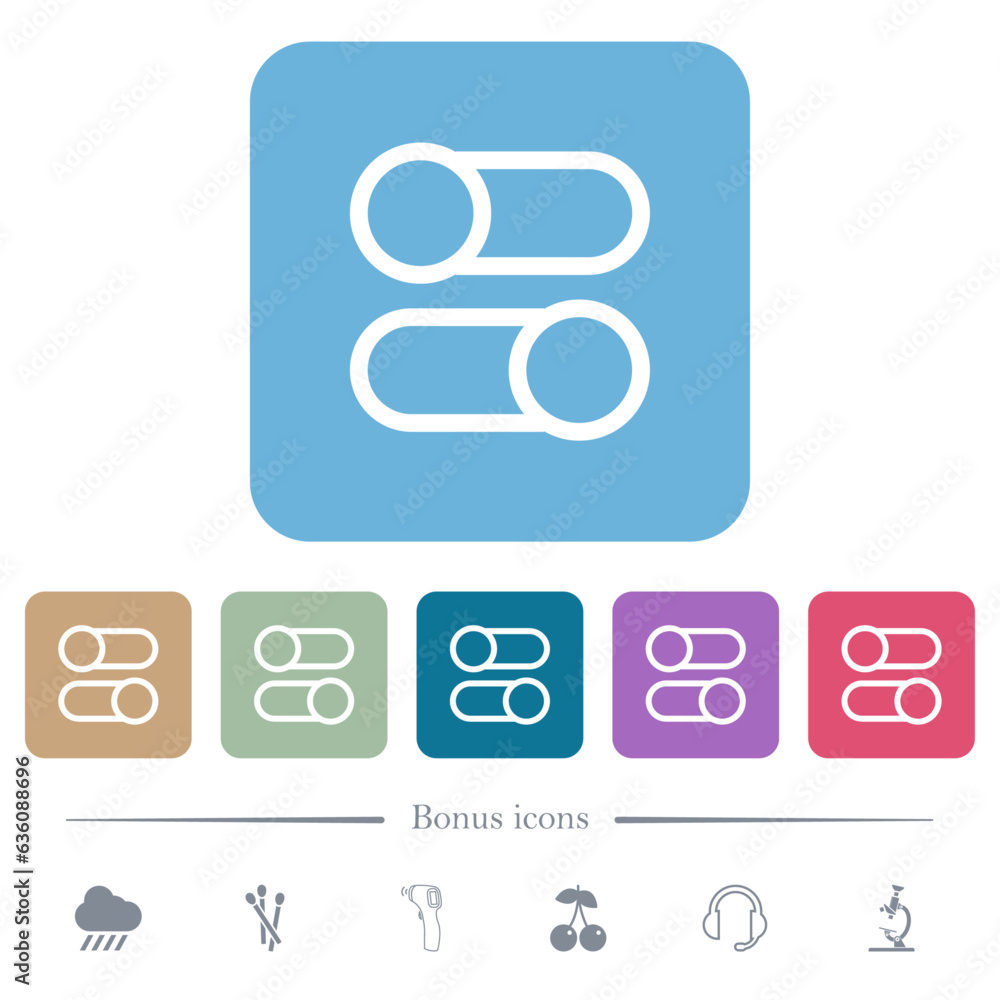 Aufkleber horizontal toggle switches outline flat icons on color rounded square backgrounds