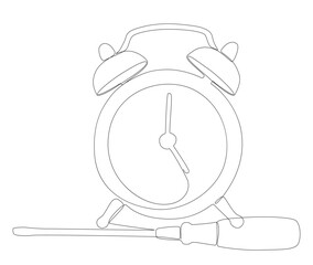 One continuous line of alarm clock with Screwdriver. Thin Line Illustration vector concept. Contour Drawing Creative ideas.