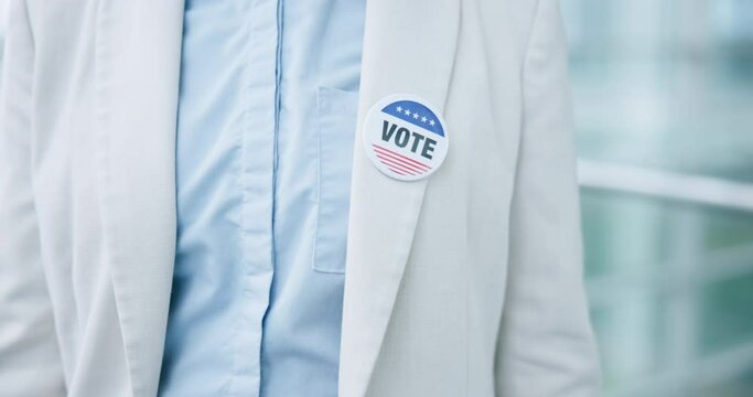 Vote, badge and a person for politics, elections and patriotism or campaign. Democracy, candidate and button or pin on a man pointing finger for voting for government party or choice in USA