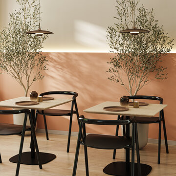 Cafe interior in brown tones witg natural lighting, 3d render