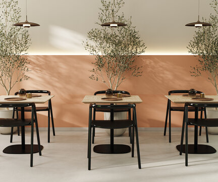 Modern cafe interior in natural style, earth tones, 3d rendering