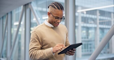 Tablet, walking and black man research in office, hotel lobby or airport in creative business. Happy, technology and professional designer travel on social media, networking and typing startup email - Powered by Adobe