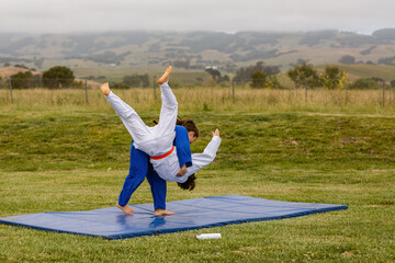 Teenager Girl fighting boy in judo mat at park