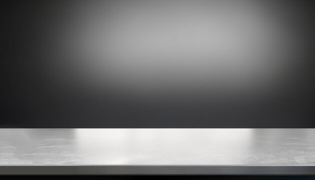 Silver steel countertop, empty shelf. Kitchen counter on gray background with spot light. Bar desk surface in foreground