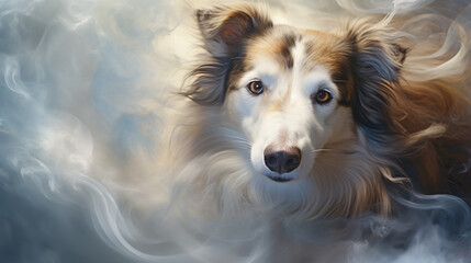 In swirling mist, a graceful collie materializes, its coat flowing elegantly, intelligent eyes reflecting kindness and a ready stance.
