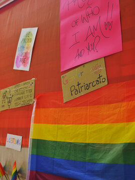 Lgbt flags and slogans on a track