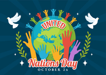 United Nations Day Celebration Vector Illustration on 24 October with People Public Service and Earth Background in Flat Cartoon Template
