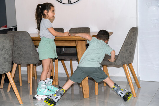Siblings Embrace Roller Blades: First Steps, Fun, and New Milestones.