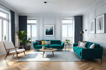 Naklejka na ściany i meble Interior design of modern scandinavian apartment, living room 3d rendering