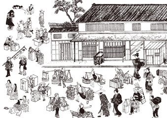 江戸時代　商人　商売　商売道具　商品　食べ物　飲食　日本人　侍　武士　農民　女中