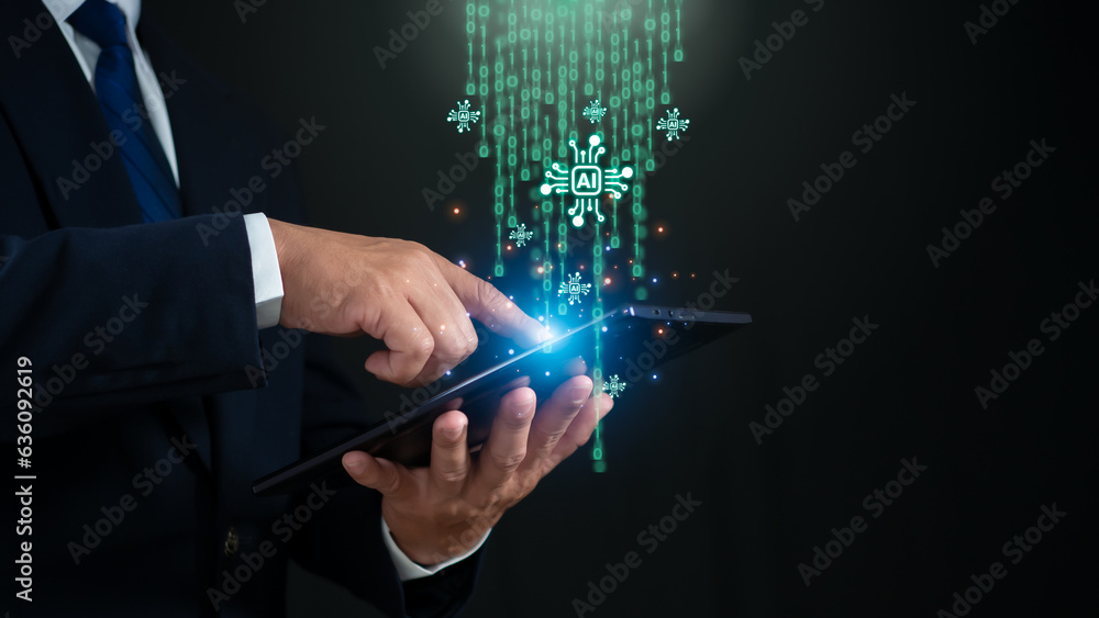 Poster businessman holding tablet working with ai system, symbol, machine learning, artificial intelligence