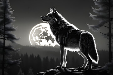 A wolf howling in the moonlight. Generative AI