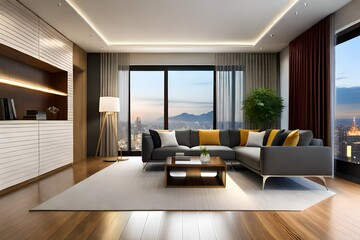 Interior of living room with sofa rendering. Modern living room