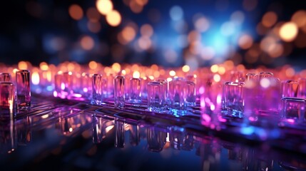 Fototapeta premium abstract background with pink blue neon lines glowing in ultraviolet light, and bokeh lights. Data transfer concept. Digital futuristic wallpaper.