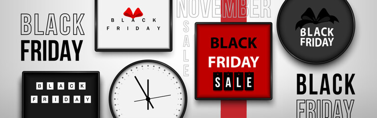 Black Friday Sale design with Text sale banner, Bow ribbon, Gift box on frame square, and Time clock on white wall background. Vector illustration.