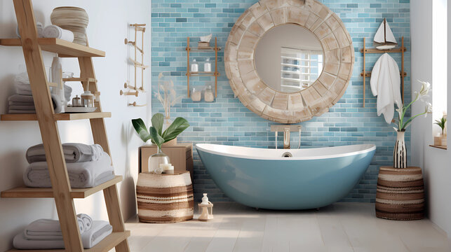 bathroom with sea-blue mosaic tiles and whitewashed wooden accents