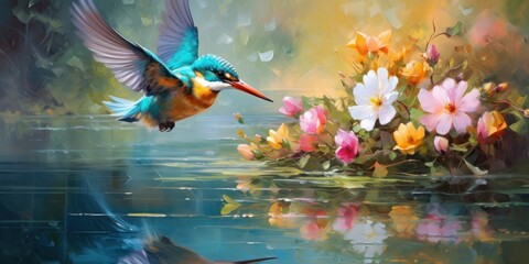 illustration of a kingfisher is jumping happily among the flowers, generative AI