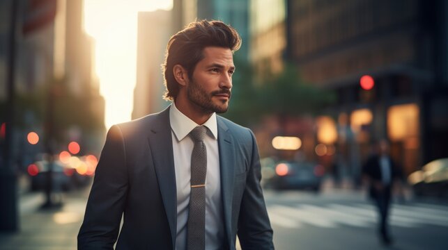 portrait of a handsome smiling white young american businessman boss in a black suit walking on a city street to his company office. blurry crowdy street background. Generative AI