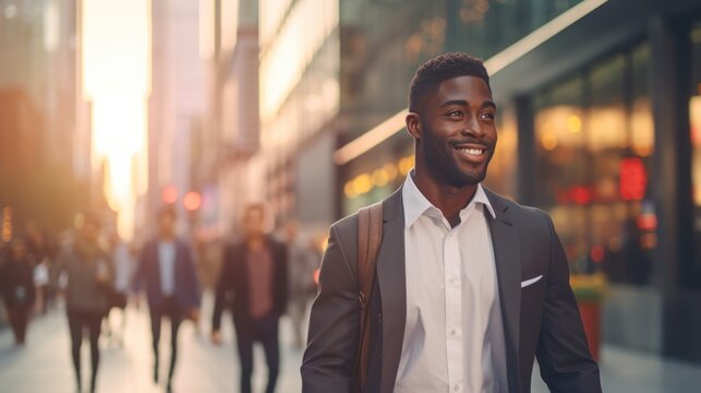 portrait of a handsome smiling young black african american businessman boss in a black suit walking on a city street to his company office. blurry crowdy street background. Generative AI