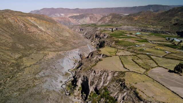 Aerial view in the altiplano, sunny evening, Putre,  Chile - reverse, drone shot
