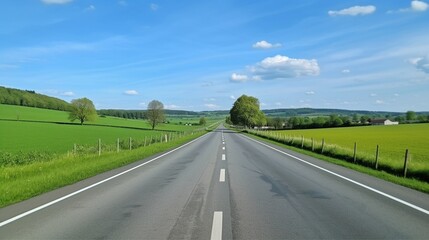 Fototapeta premium Generative AI : Asphalt road surrounded by green fields and trees