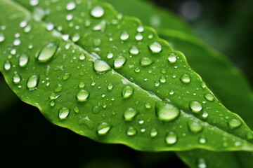 Generative AI : Bright green leaf photo with water drops in the morning Shallow depth of field